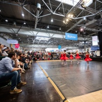 Visitors watch a dance on a stage. Visitors watch a dance on a stage.