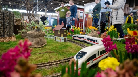 Eine Modelleisenbahnstrecke im grünen.